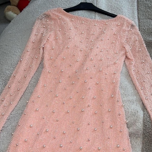 Gorgeous Blush Deep Plunge Embellished Bodycon Dress - Size US 6 - Picture 5 of 9